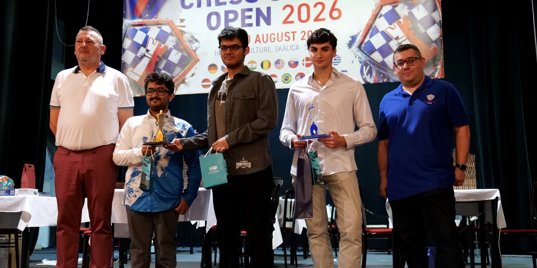 The Masters podium at Chess Slovak Open 2026: Mittal, Mishra and Dardha