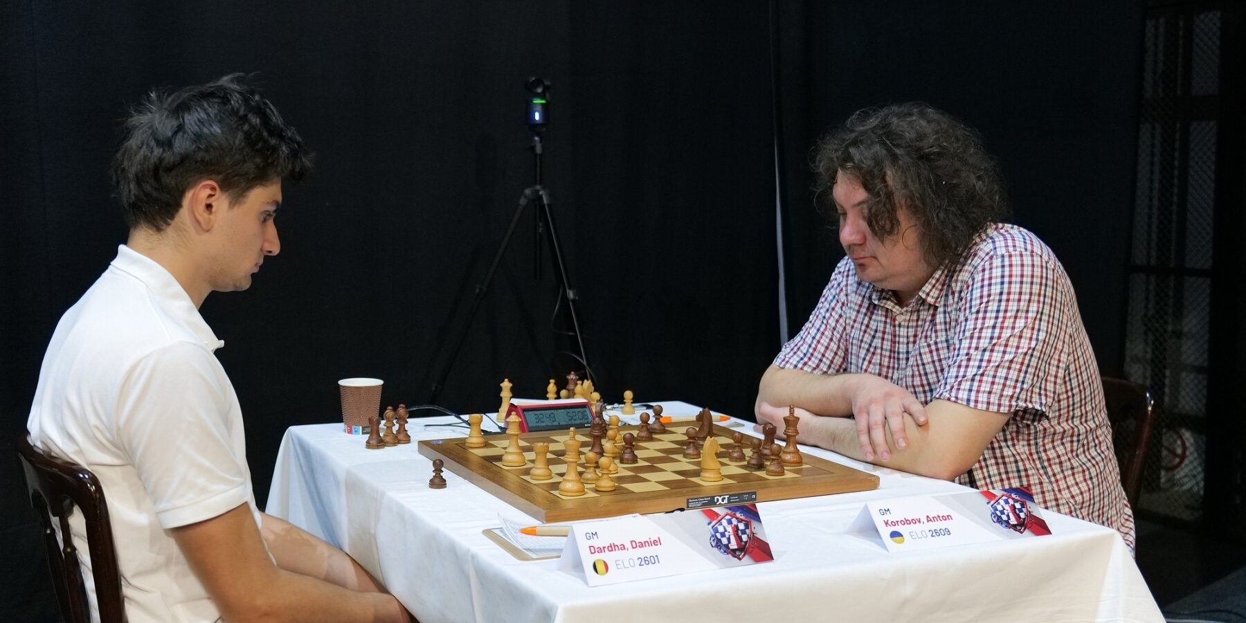 GM Daniel Dardha and GM Anton Korobov at the board at Chess Slovak Open 2026 in Skalica