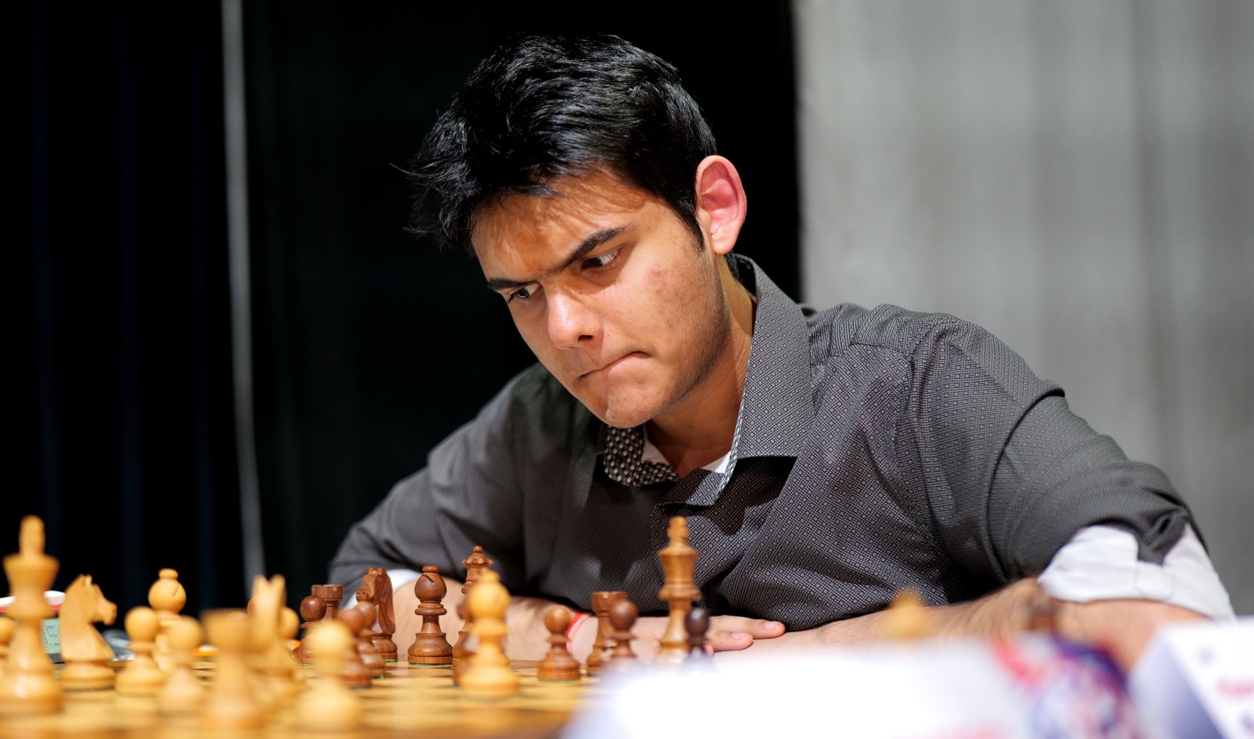 GM Abhimanyu Mishra at the board at Chess Slovak Open 2026 in Skalica
