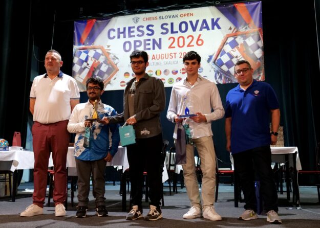 Pódium turnaja Masters na Chess Slovak Open 2026: Mittal, Mishra a Dardha